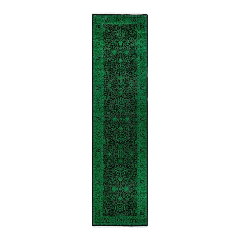 Overton Hand Knotted Wool Vintage Inspired Modern Contemporary Overdyed Green Runner Rug - 3' 1" x 12' 6"