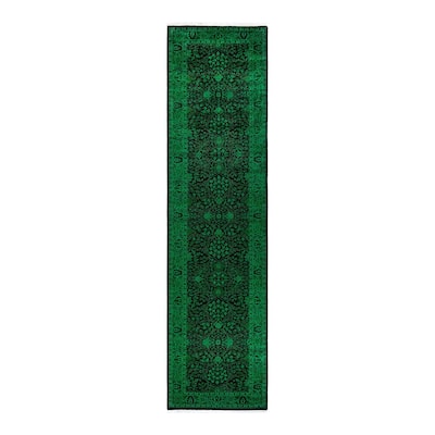 Overton Hand Knotted Wool Vintage Inspired Modern Contemporary Overdyed Green Runner Rug - 3' 1" x 12' 6"