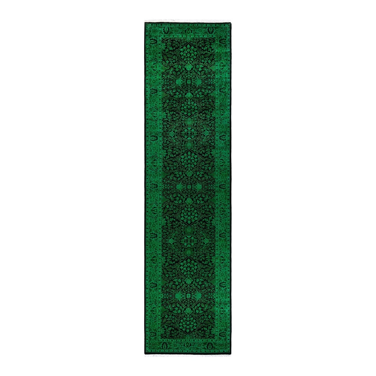Overton Hand Knotted Wool Vintage Inspired Modern Contemporary Overdyed Green Runner Rug - 3' 1" x 12' 6"