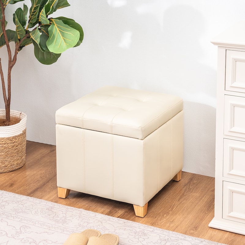 Adeco Upholstered Tufted Faux Leather Storage Ottoman - Off White