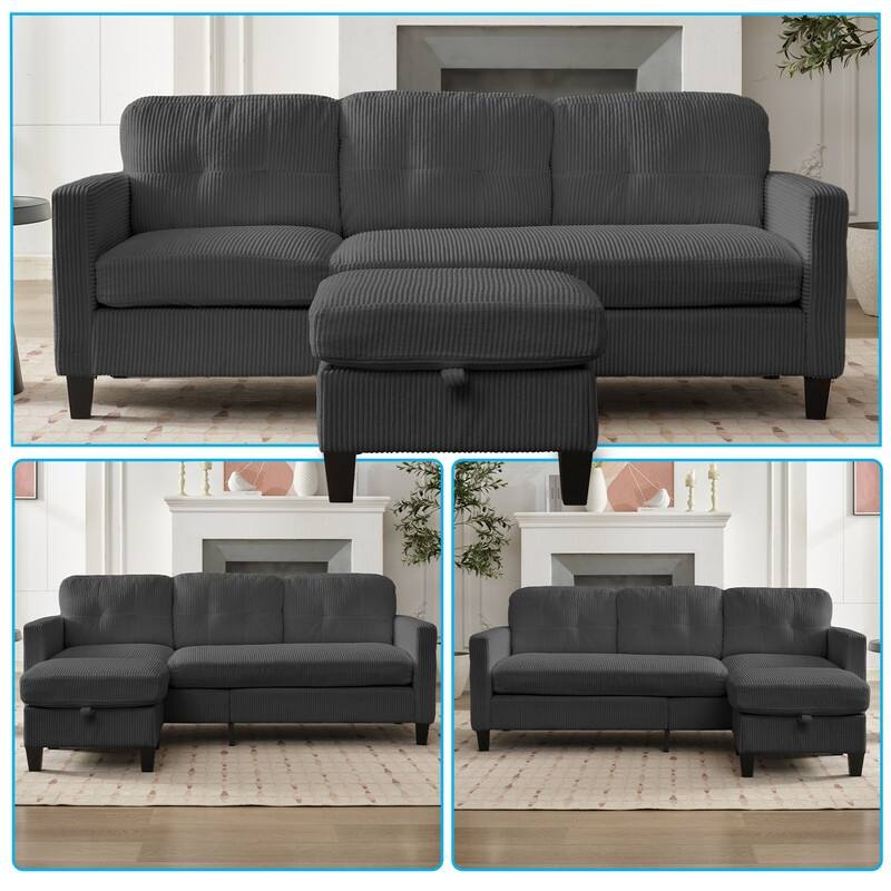 Mixoy 76'' L-Shaped Small Sofa Couch,3-Seater Corduroy Sectional Sofa with Storage Ottoman