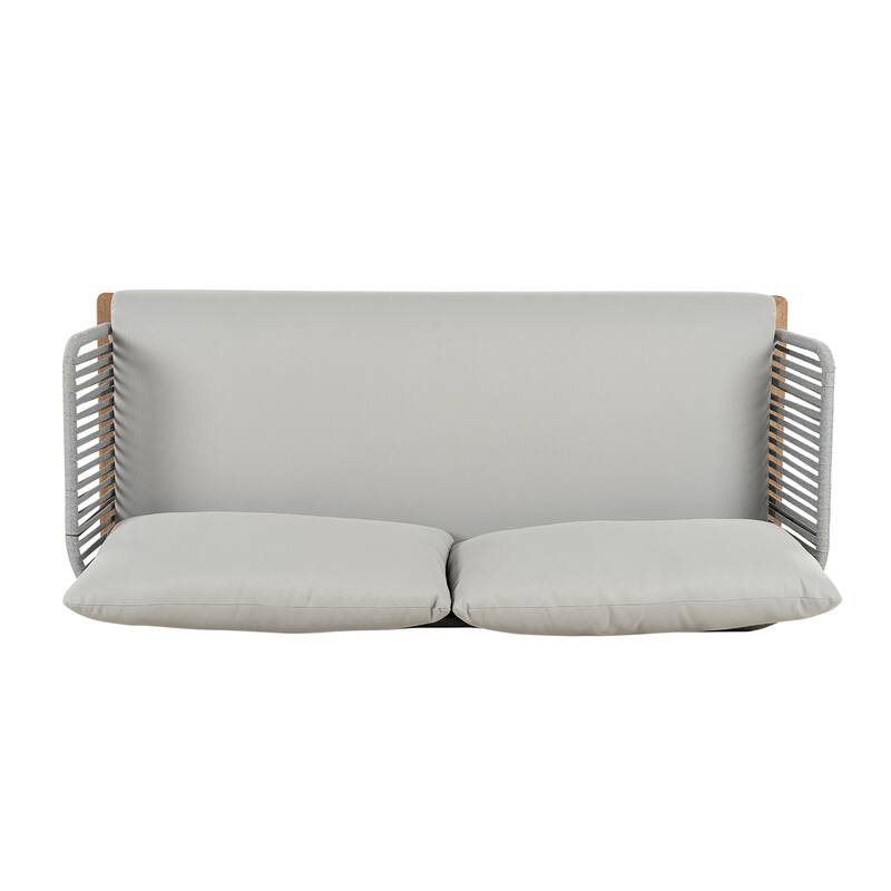 Roomfitters Outdoor Acacia Wood Rope Woven Loveseat with Coffee Table, Durable Frame and Cozy Cushions