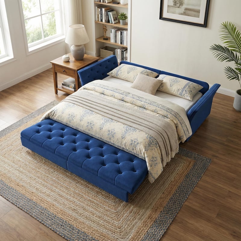 Homy Casa 100"/74" Oversize 4-Seater Convertible Pull Out Sofa Bed with Flower Tufted Velvet