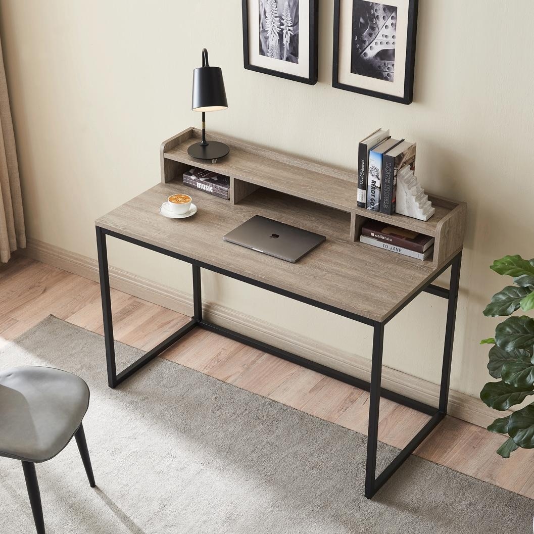 Modern Office Desk with Storage Hutch & Oak Finish