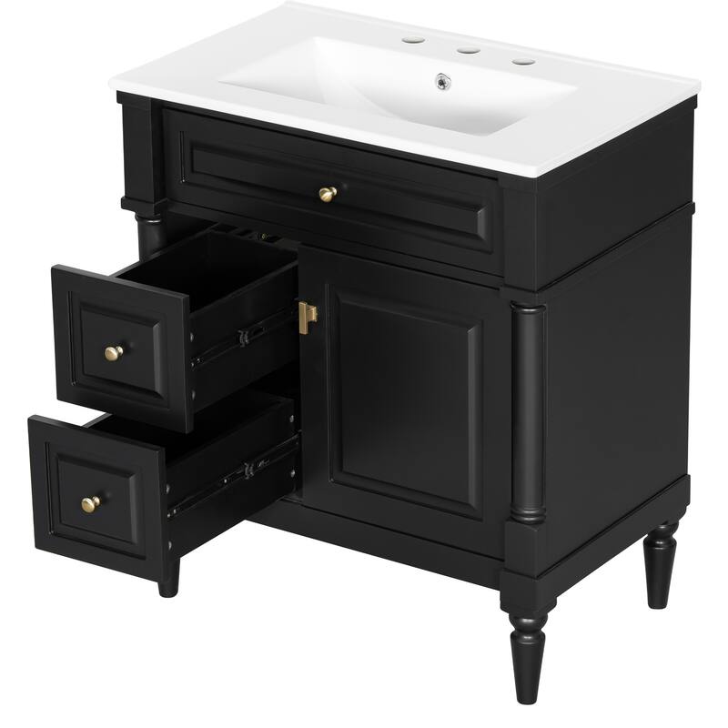 Roomfitters 30" Bathroom Vanity with Sink, Solid Wood Frame, Flip Drawer, 2 Drawers & Door Rack