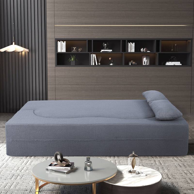 2-in-1 Convertible Sofa Bed, Folding Loveseat Couch with Soft Teddy Fabric, Floor Sleeper Sofa Mattress with 2 Pillows