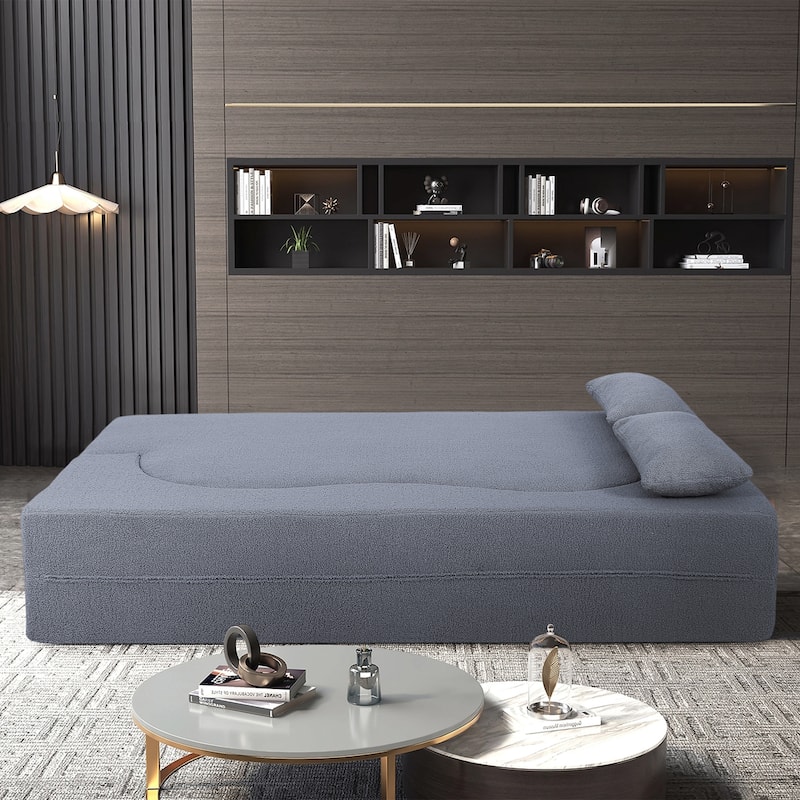 Modern 2-Seater Sofa 2-in-1 Folding Sofa Bed with 2 Pillows, Soft Teddy Fabric and Non-Slip Bottom, for Living Room, Dorm