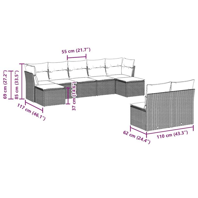 vidaXL Garden Sofa Set Black - 21.7 x 21.7 x 14.6