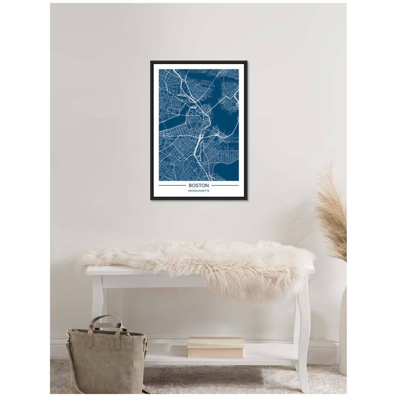 Kate and Laurel Sylvie Boston Map Regal Blue Framed Canvas by Jake Goossen