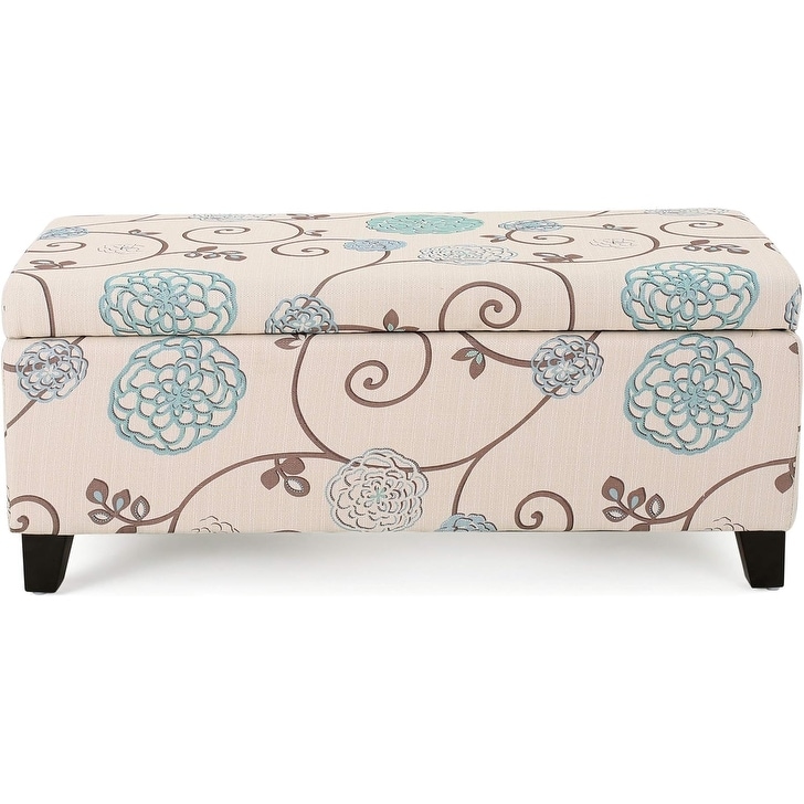 Breanna Fabric Storage Ottoman, White And Blue Floral