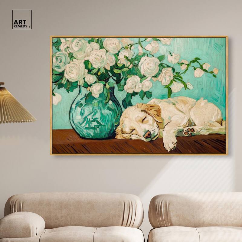 Rose Vase Puppy Canvas by Art Remedy