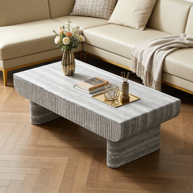 Coffee Table with Grey Wood Texture Tabletop, Mid Century Modern Coffee Table with Fluted Drawer, for Living Room, Office