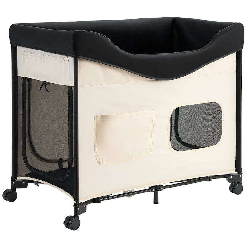 Beige Carbon Steel Dual-Level Pet Bed with Wheels and Foldable Design - XL