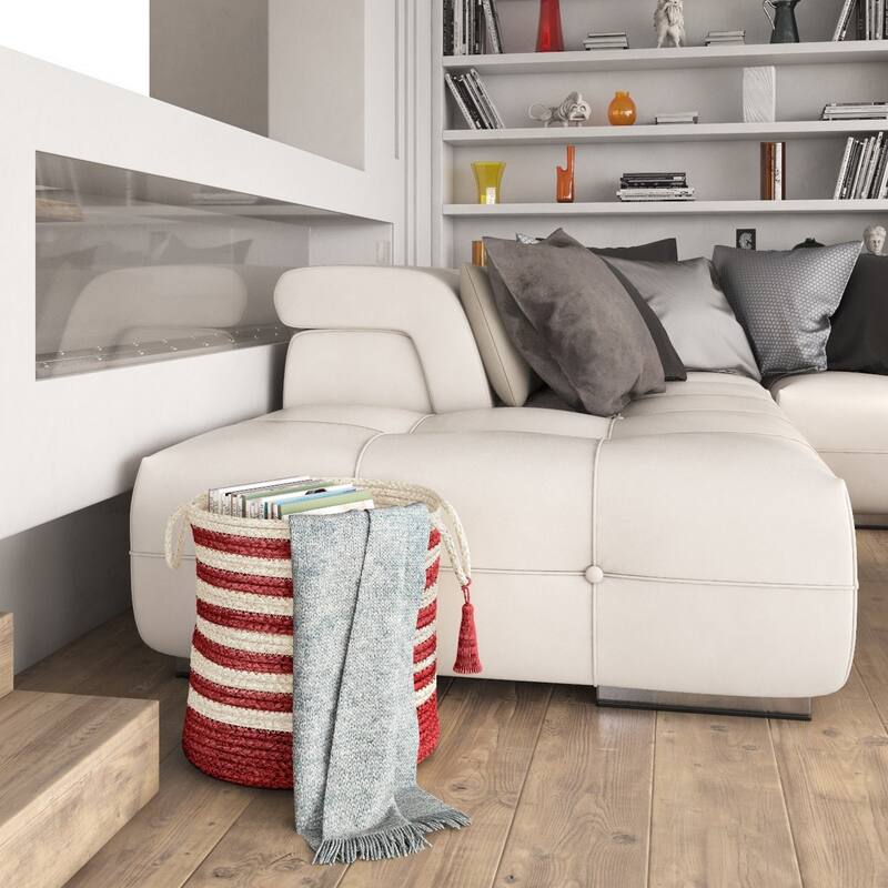 Sevita Striped Jute Hand-Stitched Storage Basket with Handles - 17" x 17" x 17" - Bleached White/Cranberry Red