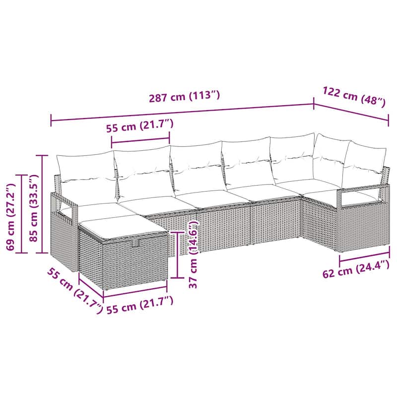 vidaXL 7/8 Garden Sofa Set with Cushions Black/Brown/Grey Poly Rattan - 113 x 48 x 27.2