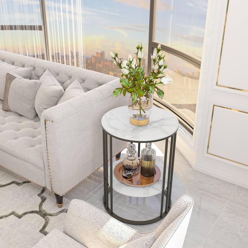 End Table 2-Tier Round Side Accent Table with Sintered Stone Tabletop - 15.7x15.7x21.3 inch
