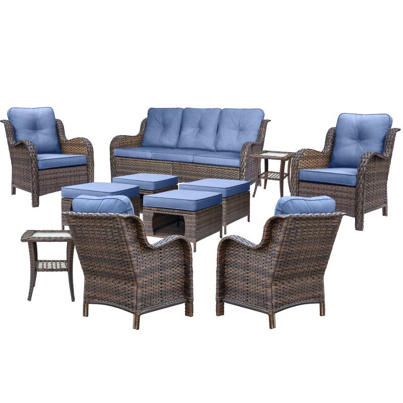 Brown Wicker Outdoor Patio Furniture Sofa Set with Denim Blue Cushions