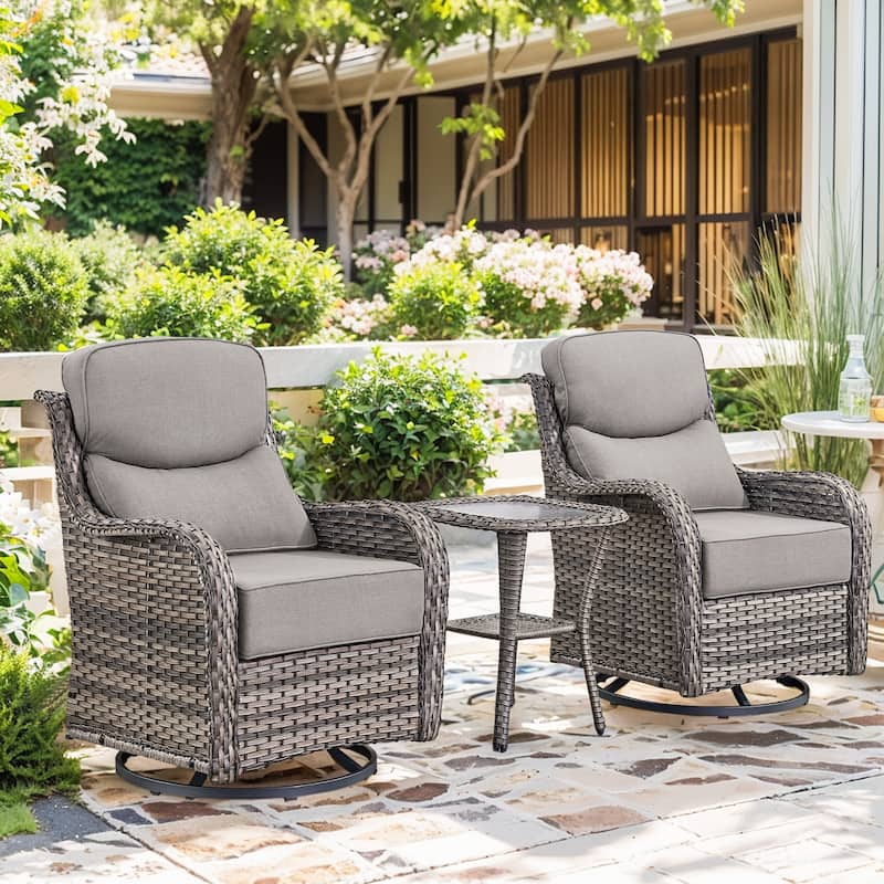 Outdoor Swivel Chairs with 6-Inch Thick Cushions for Garden - Grey Wicker Grey Cushion - 3PCS Swivel Chair w/ Table