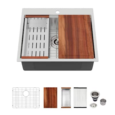 25 Inch Drop Kitchen Sink Stainless Steel 16 Gauge Workstation Sink Drop-in Topmount Single Bowl