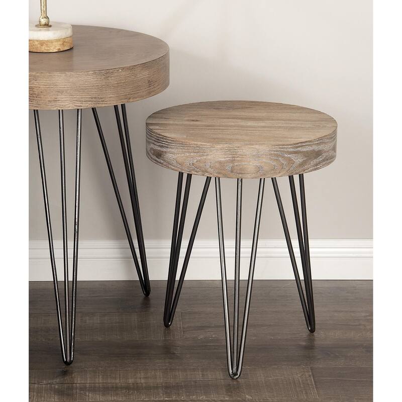 Wooden Round Accent Table with Black Metal Hairpin Legs - Brown - Roche River Decor