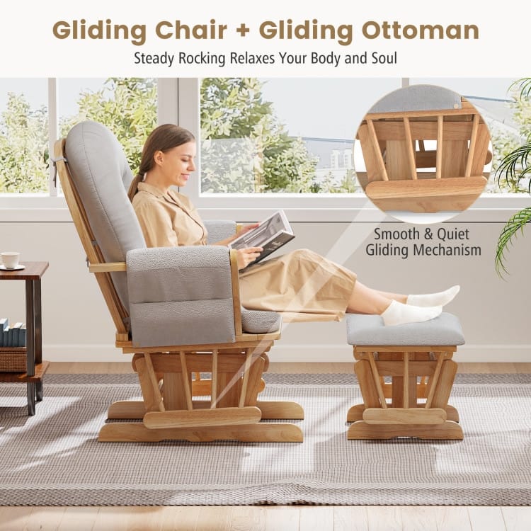 Solid Wood Gliding Chair Set with Pockets and Ottoman for Relaxing