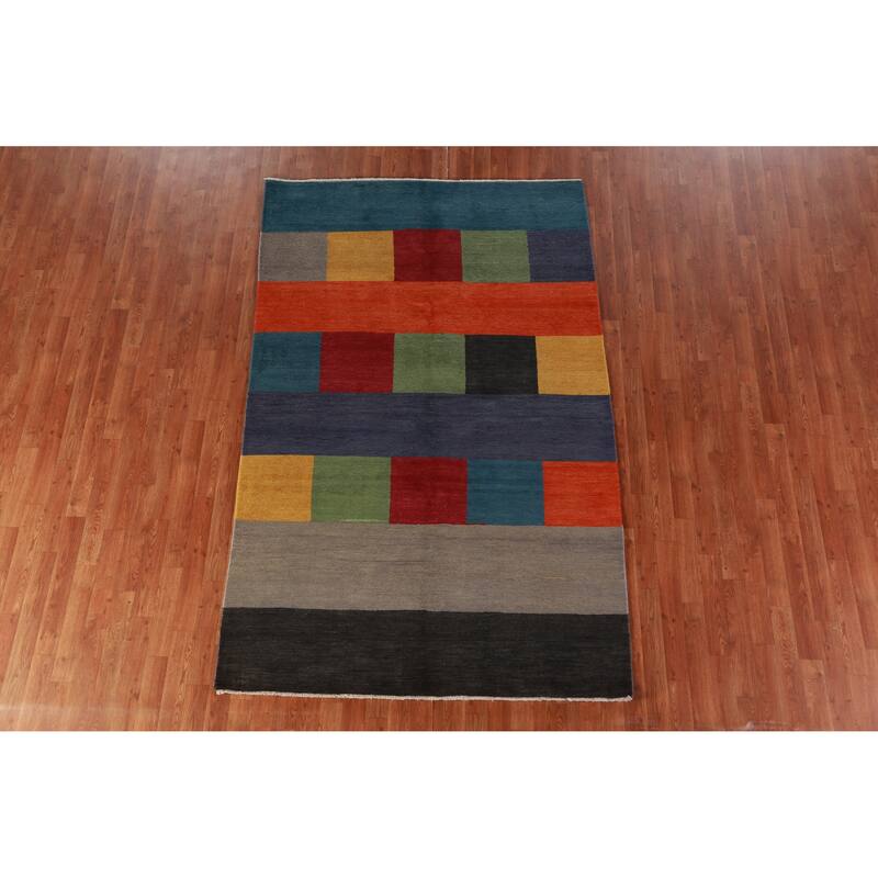 Hand Knotted Oriental 100% Wool Carpet Modern Geometric Multi-Colored Gabbeh Area Rug - 8' 1'' X 5' 1''