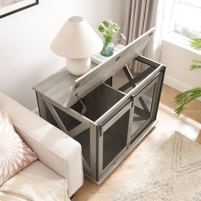 Farmhouse Dog Cage Crate Furniture with Sliding Barn Door, Farmhouse Wooden Dog Kennel End Table with Flip-top Plate