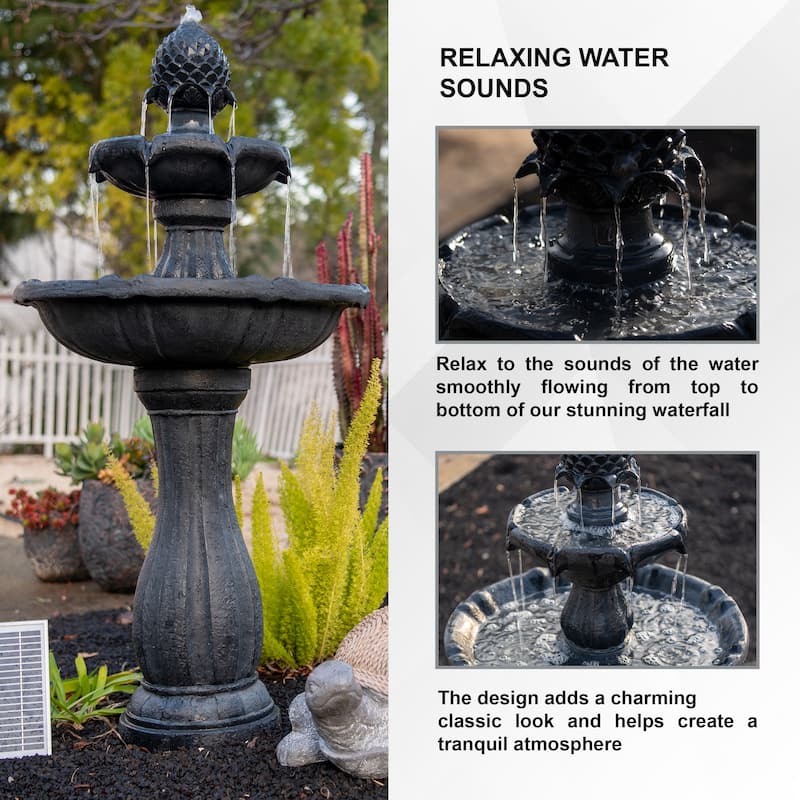 XBrand 44" H Fiberglass/Resin 2-Tier Solar Water Fountain w/ Solar Panel and Auto-Shut Off Pump, Solar Garden Fountain