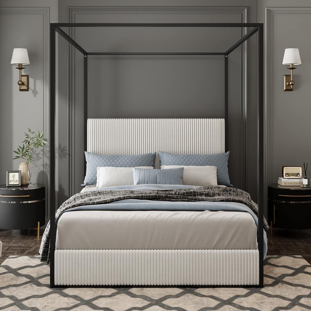 Modern Luxury Metal Canopy Bed with Tall Upholstered Headboard & Four Poster