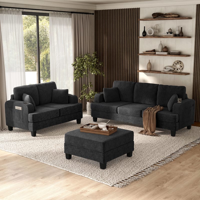 Furniture of America Xenia Modern 3-Piece Chenille Sofa and Ottoman Set