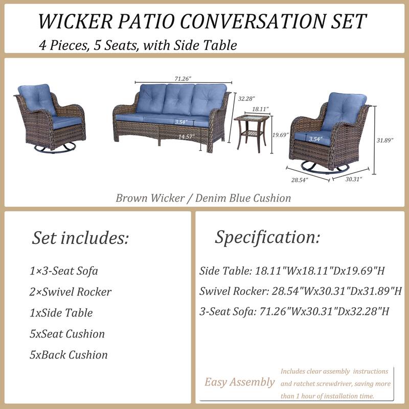 Outdoor Wicker Patio Conversation Seating Sofa Sets with Swivel Chairs