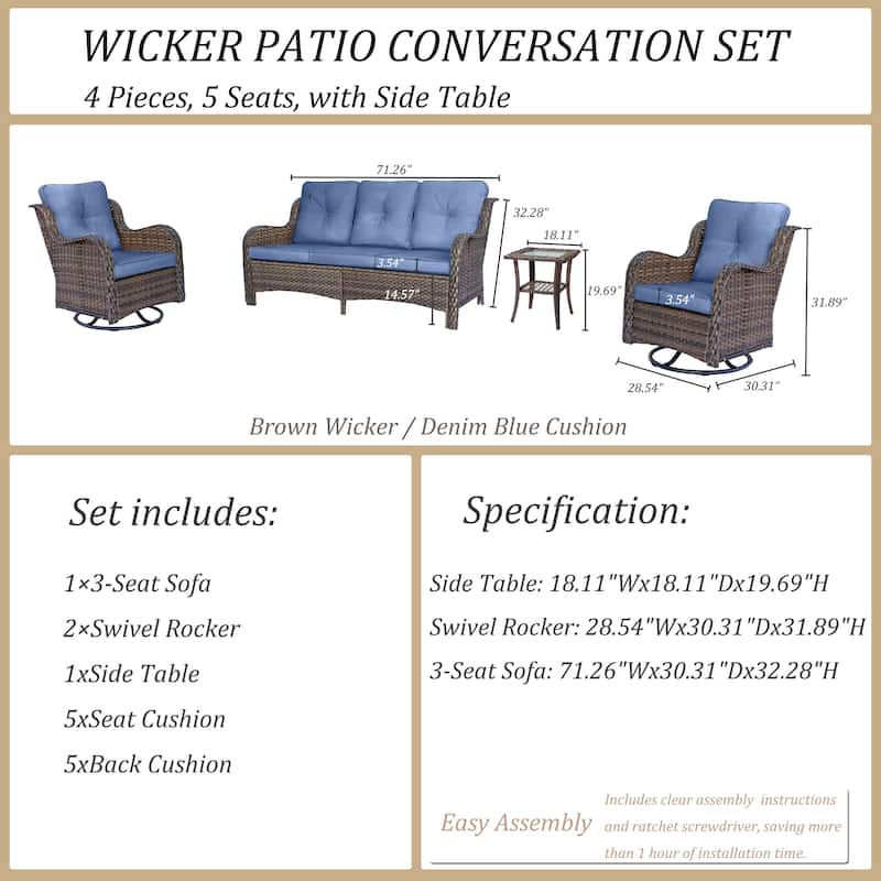 4 Piece Outdoor Seating Wicker Patio Furniture Swivel Chair Sofa Sets