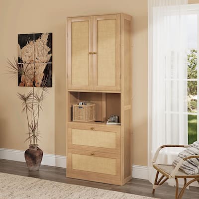 2-Door Bookshelf with USB Port and 3 Drawers, Side Cabinet Storage Shelves
