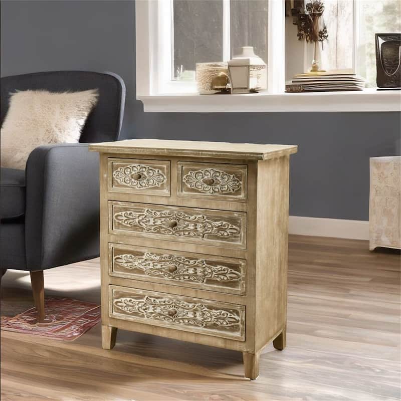 Hand-Carved Accent Cabinet with 5 Drawers - Antique brown