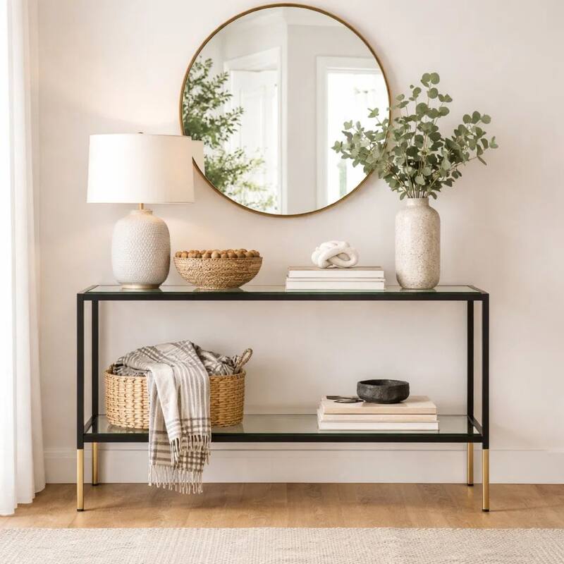 Beny Sofa Console Table, 48 Inch Glass Top, 1 Shelf, Modern Black Iron