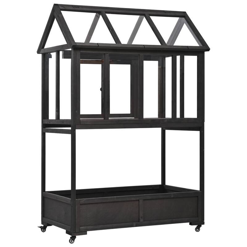 Garden Wood Portable Cold Frame with Movable Wheels Mini Greenhouse with Openable Roof and Storage Box