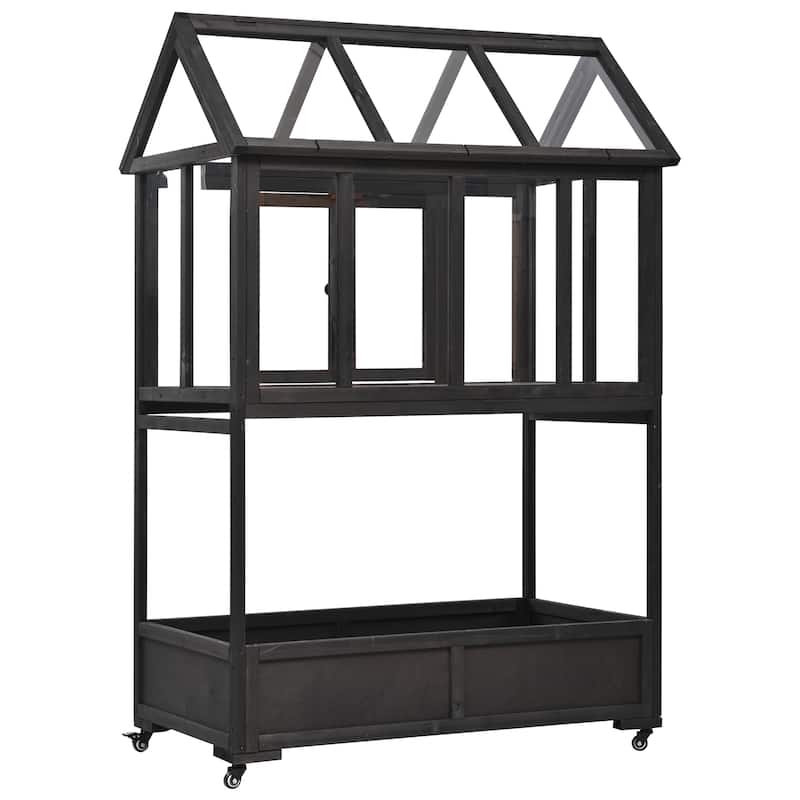 Roomfitters Portable Wooden Cold Frame Greenhouse with Wheels, Openable Roof and Storage Box for Garden Plants