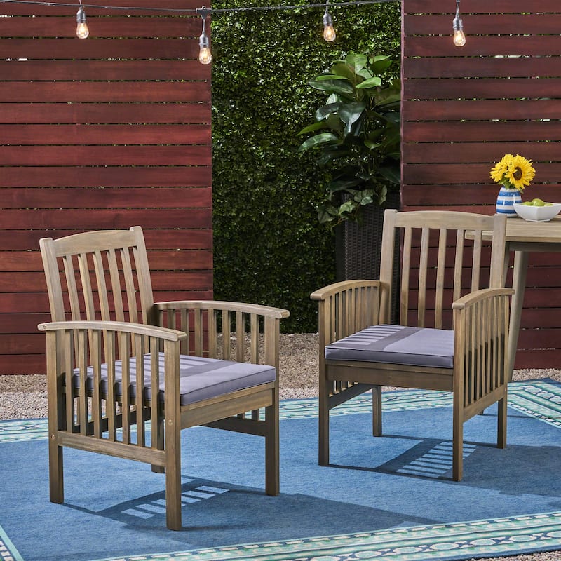Casa Outdoor Acacia Wood Dining Chairs with Cushions (Set of 2) by Christopher Knight Home - grey + dark gray cushion