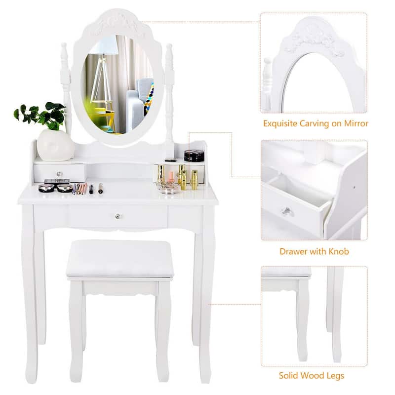 Costway White Vanity Wood Makeup Dressing Table Stool 3 Drawer