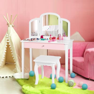 Kids Vanity Set with Mirror Toddler Beauty Makeup Dressing Table Set