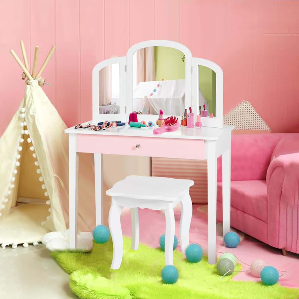 Kids Vanity Set with Mirror Toddler Beauty Makeup Dressing Table Set