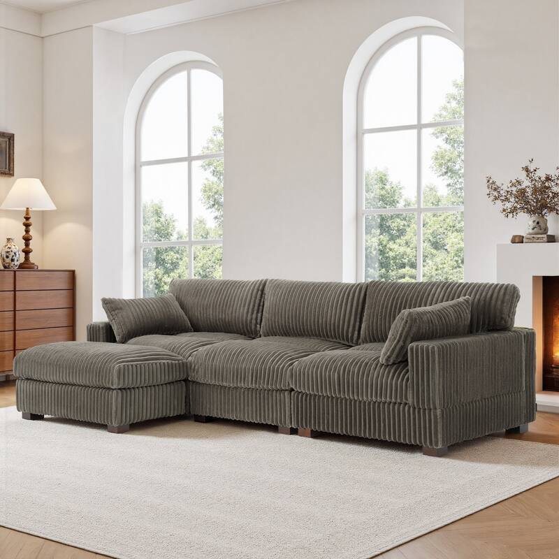 Plush Corduroy Upholstered Modular Sectional Sofa with Chaise - Left Facing - Light Grey-3 Pieces
