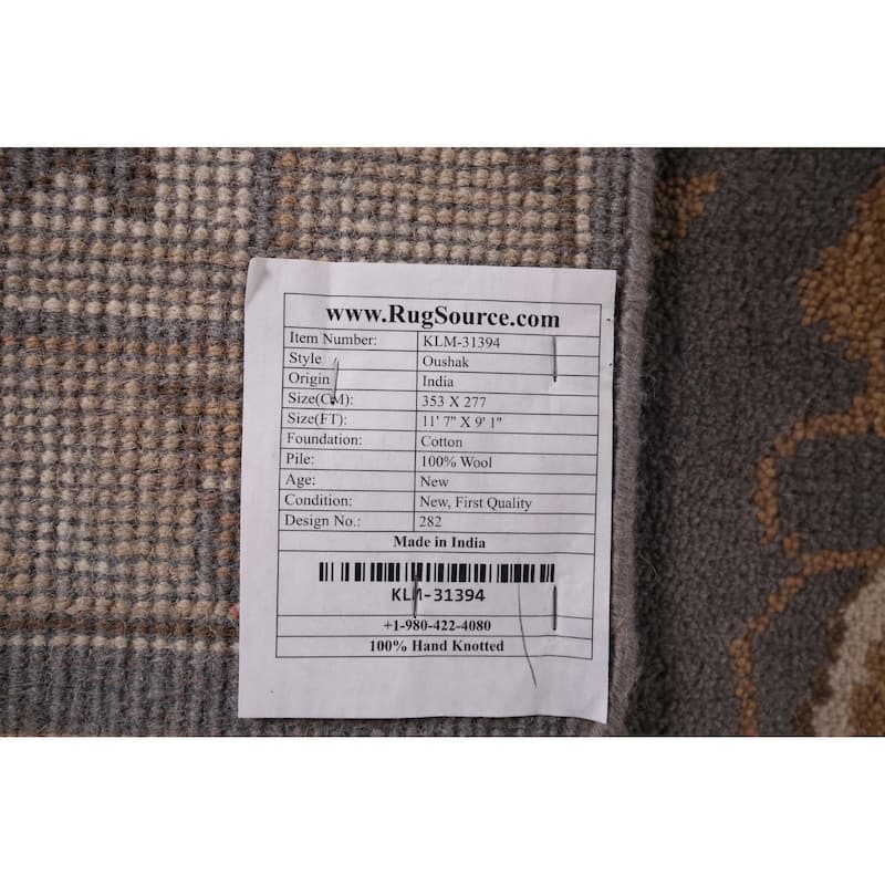 Gray Oushak Indian Rug Hand-Knotted Transitional Floral Wool Carpet - 9'1"x 11'7"