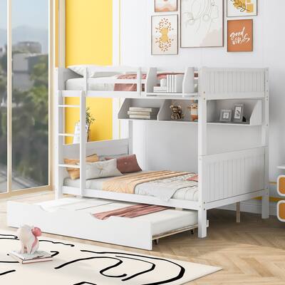 Full-over-Full Bunk Bed with Twin Size Trundle, Separable Bunk Bed with Bookshelf