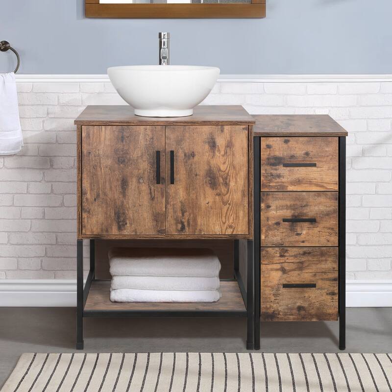 36" Bathroom Vanity Set Organizer Top Vessel Sink W/ Faucet Drain Cabinet Combo - white ceramic round sink