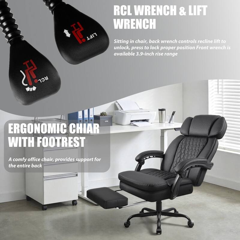 BOSSIN 400lbs Big & Tall Office Chair, Reclining Executive Chair with Footrest, Adjustable Headrest, PU Leather High Back,