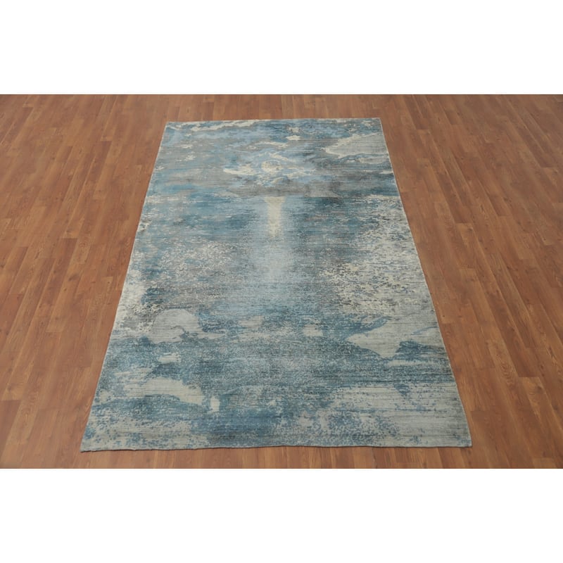 Hand-knotted Modern Silk Blue Abstract Oriental Area Rug - 8' 0'' X 4' 11''