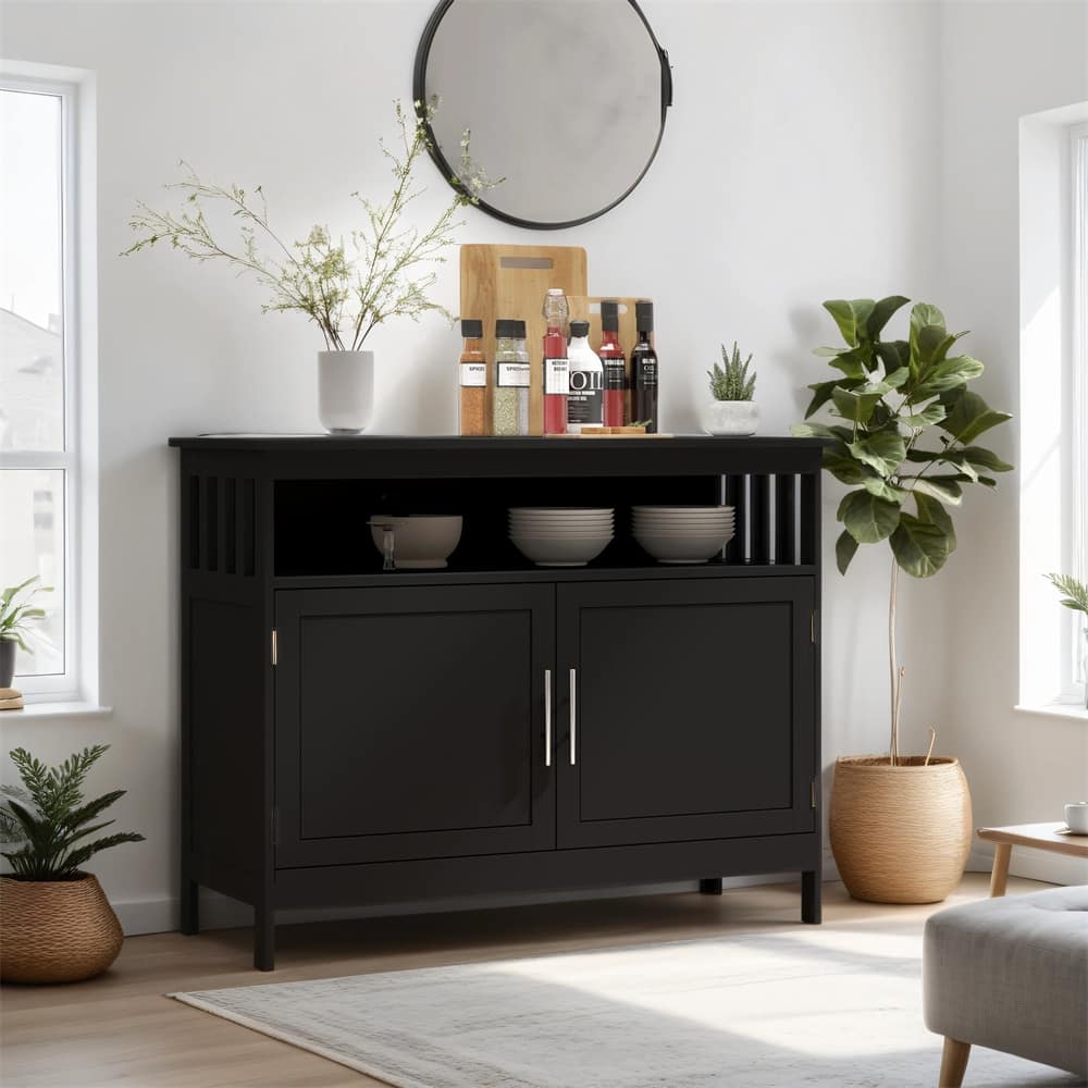 Coffee Bar Sideboard Buffet Cabinet w/ 2-Level Shelf &Open Compartment