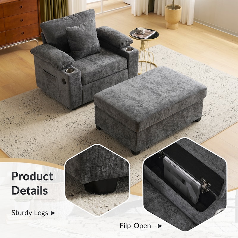 Modern 58" Oversized Chaise Lounger Armchair with Ottoman, Chenille Sleeper Sofa Couch with Charge Station & USB Ports