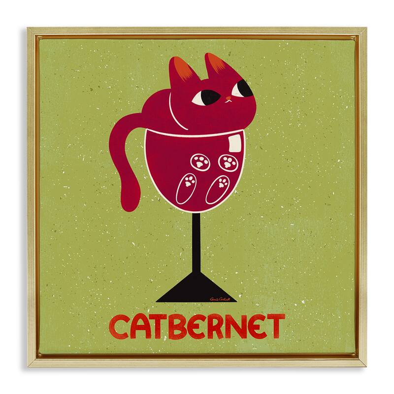 Stupell Catbernet Cat Wine Framed Floater Canvas Wall Art Design By Carrie Cantwell - 25 x 25 - Gold